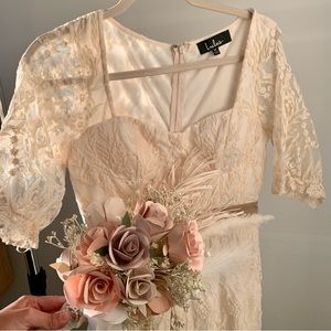 Lulus Sweetheart Like You Cream Lace Embroidered Ruffle Trumpet Midi Dress 🤍🌸
